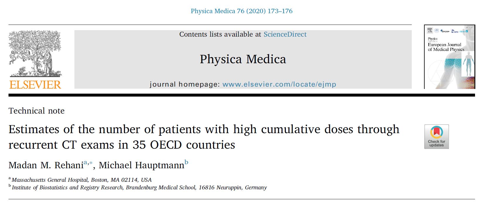New article about high cumulative doses in Physica Medica Journal
