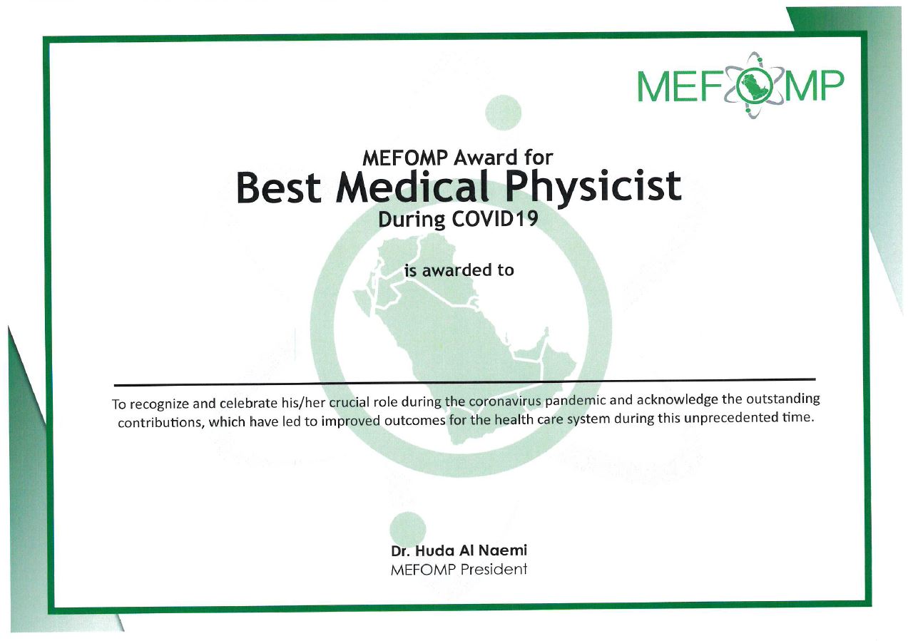 MEFOMP Award for Best Medical Physicist during COVID19