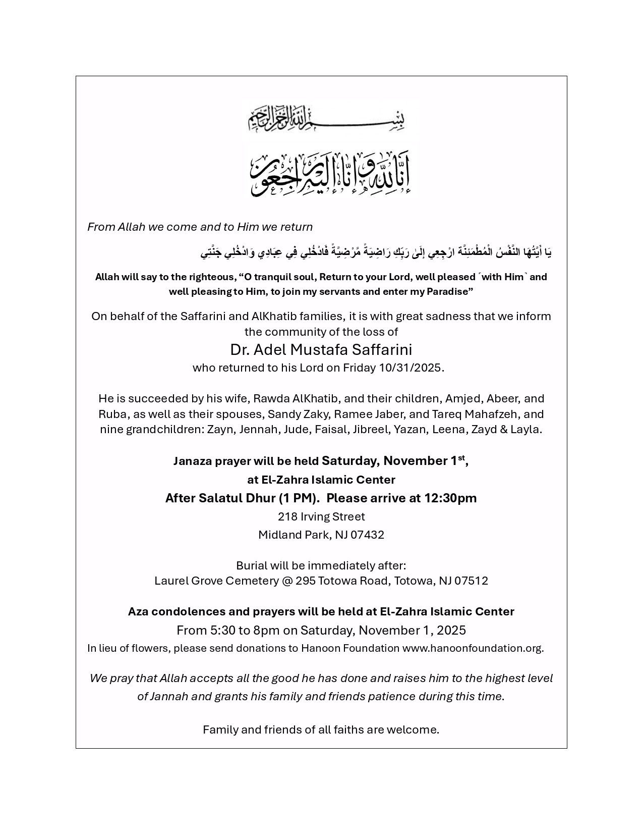 The loss of Great Medical Physicist Dr. Adel Mustafa Saffarini who returned to his Lord on Friday 10/31/2025.